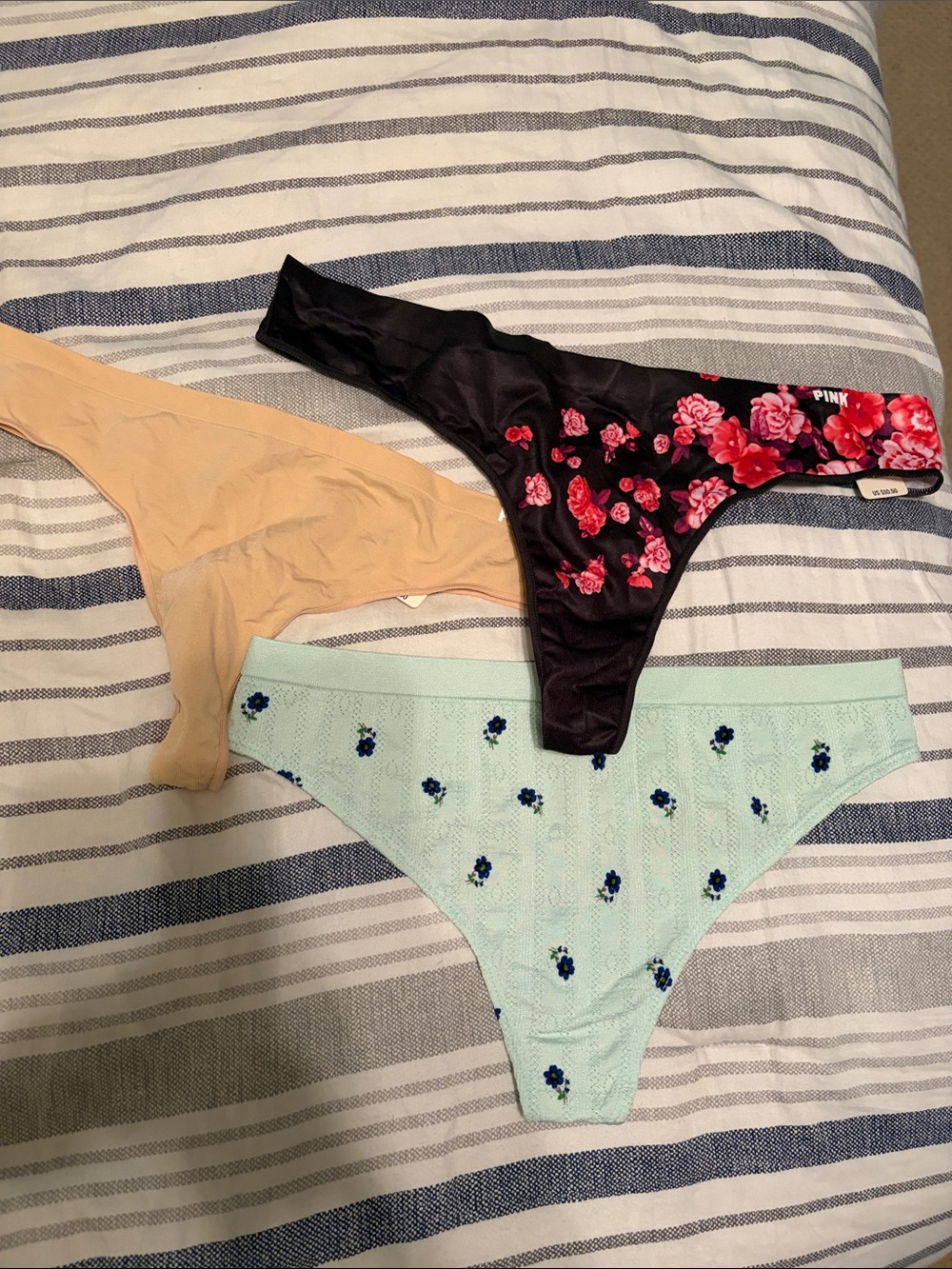 PINK Victoria's Secret Black Floral, Mint and Nude Thong Set